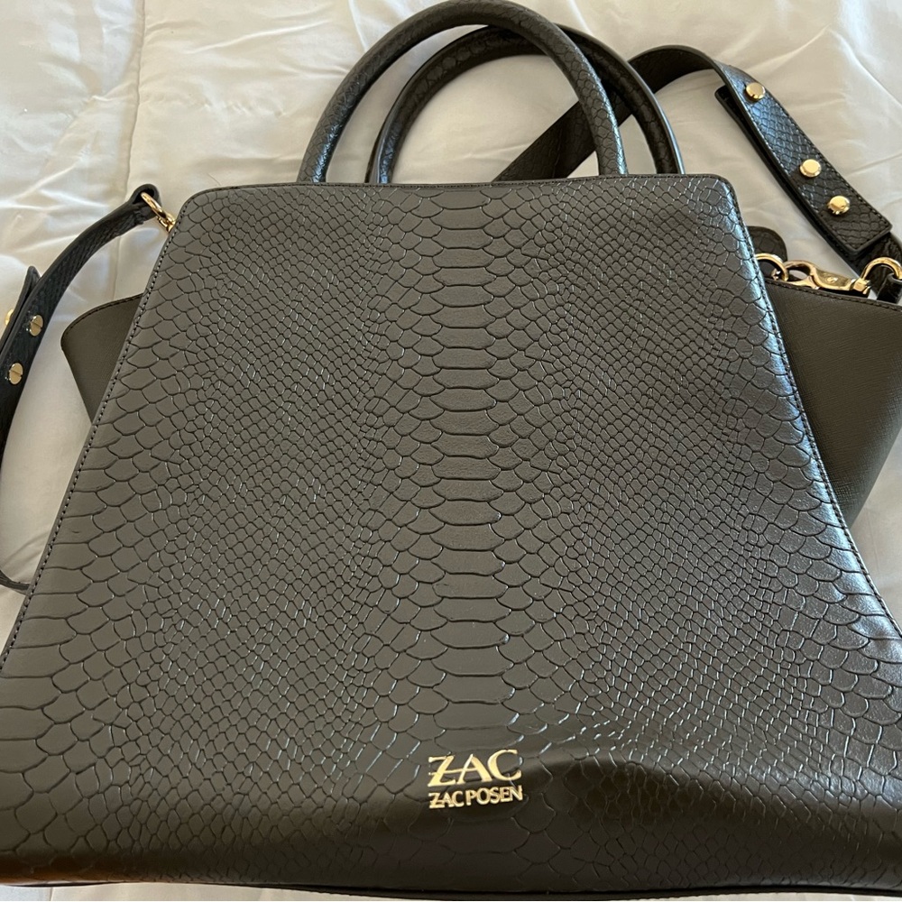 Zac Posen Black Textured Faux-Snake Leather Satchel